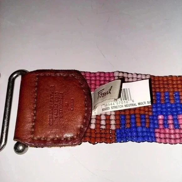 Fossil Beaded Stretch Beltwith Genuine Leather Size Medium - Picture 5 of 5